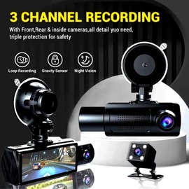 1080P Triple Dash Cam, Front Rear and Inside Record, Night, G Sensor, Motion Detection, 24H Parking Monitoring - Car DVR Camera for Enhanced Vehicle Security