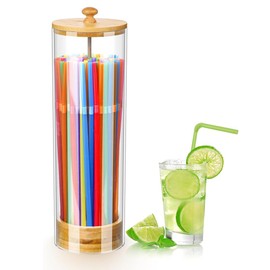 Acrylic Straw Holder Dispenser for Counter, Drinking Straw Dispenser with Bamboo Lid for Standard Straws, Straw Organizer for Kitchen, Kitchen Countertop Storage Container, for Acrylic Pen Holder