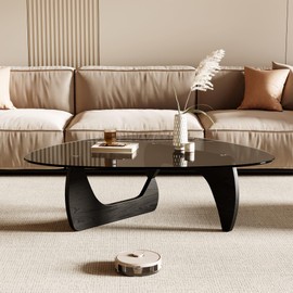 Honyee Morden Triangle Coffee Table, Tempered Glass Top with Wooden Legs, 42.5" x 28.5" x 16.1" for Living Room, Black