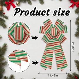 Blinket Large Christmas Stripe Burlap Wreath Bow, 11.42 × 20.86 inch Red Green Gold Striped Bow for Holiday Tree Topper, Front Door, Indoor Decor