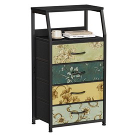 Furnulem Retro 4 Drawers Dresser for Bedroom, Night Stand Vertical Storage Tower Fabric Dresser, Entryway, Nursery, Closet Organizer, Nightstand Bedside Table Side Furniture, Steel Frame, Wood Top