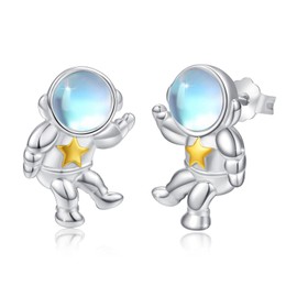 Astronaut Earrings 925 Sterling Silver Astronaut Planet Earrings Moonstone Cute Spaceman Studs Earrings Space Jewelry Birthday Christmas Gifts for Women