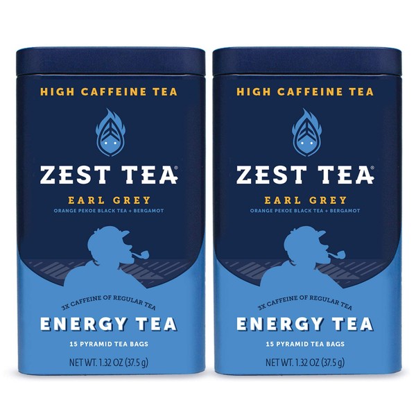 Zest Tea Té caliente de energía premium, mezcla de alta cafeína natural y saludable sustituto del café negro tradicional, perfecto para ceto, 150 mg de cafeína por porción, té negro Earl Grey, 30 sobres (2 latas)