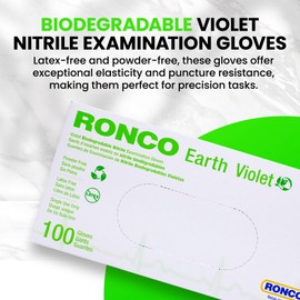 Biodegradable Nitrile Gloves, Medium Size, 100 Pack, Disposable, Eco-Friendly, Compostable by Ronco Earth, Latex & Powder Free, 3.5 Mil (Violet Colour) M