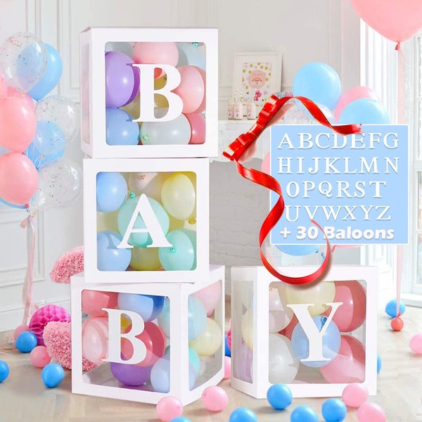 Generil 60Pcs Baby Shower Box Party Decorations-4 Transparent Balloons Boxes with 26 Letters 30 Balloons for Boys Girls Baby Shower Gender Reveal Decorations Bridal Showers Birthday Party
