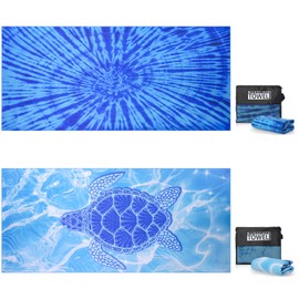 TMEOG Microfibre Beach Towels 2 Pack 180x80cm Extra Large Sand Free Beach Towel for Adults Compact Thin Travel Towel Women Men Lightweight Swim Pool Yoga Towel with Bag(Turtle and Tie-Dye)
