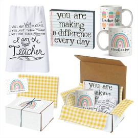 Teacher Gift Hoopla Box - Ceramic Mug, Standing Block Desk Sign, and Cotton Home Decor Towel Gift Kit with Box and Tissue Paper - Teach Graduation Box