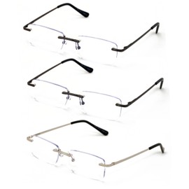 V.W.E. 3 Pairs Slim Rimless lightweight metal anti blue light blocking UV reading glasses - clear lens computer reader (2 Gunmetal 1 Silver, 2.00, multiplier_x)