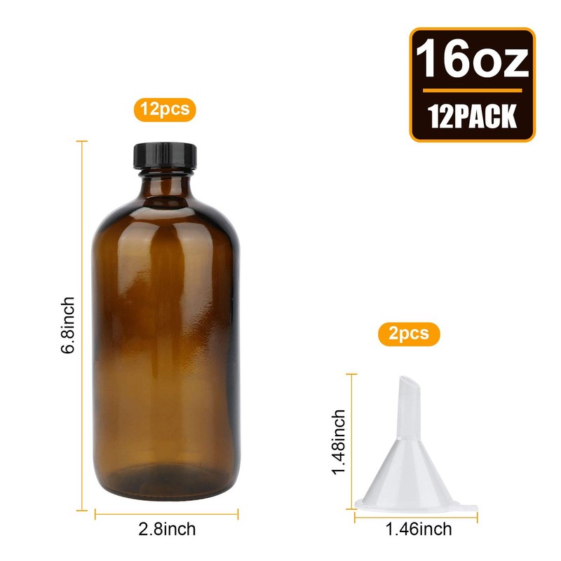 16oz Glass Bottles, Maredash 12 Pack Amber Glass Storage Bottles