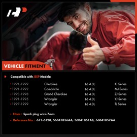 A-Premium - Juego de 7 cables de bujía compatibles con Jeep Grand Cherokee 93-98, Wrangler 91-95, 97-99, Cherokee 91-99, Comanche 91-92, 4.0L, 7 mm
