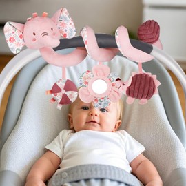 vocheer Car Seat Toys, Sensory Toys for Babies Activity Stroller Spiral Hanging Toy Infant Rattles 0-3 Months, Baby Stuff for Newborn, Gift for Baby Shower, Christmas, Pink Elephant