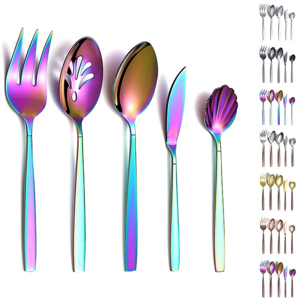 Evanda 5 Pieces Rainbow Cutlery Serving Set, Rainbow Titanium Plating