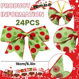 DIYDEC 24pcs Christmas Bows Decoration 6.3 Inch Large Christmas Wreath Bows Red Green Xmas Tree Bows Christmas Glitter Dot Bows Ribbons Ornaments for Garland Wedding Home Holiday Party