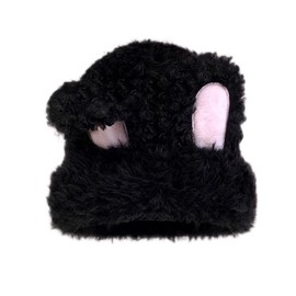 IYOE Fuzzy Hat for Women Y2k Beanie Cute Bunny Ears Warm Winter Hat Outdoor Cap Black
