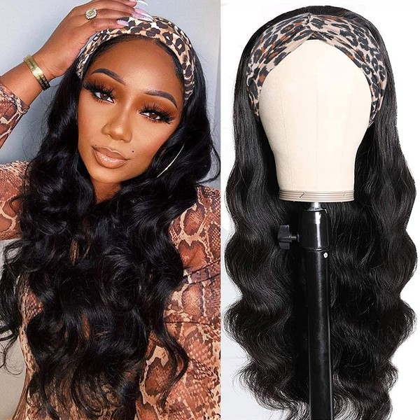 Hedy Headband Wig Human Hair Wigs for Black Women Glueless Brazilian Body Wave Head Scarf Wigs None Lace Front Wigs Human Hair 150% Density (26 inch)