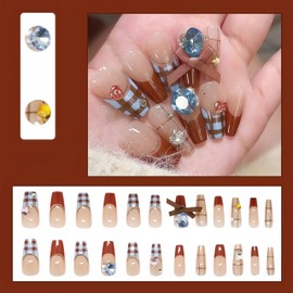 Blue Brown Plaid French Tips Press on Nails Medium Long Coffin Fake Nails with Heart Rhinestone Bow Designs False Nails Star Charms Stick on Nails Cute Acrylic Glue on Nails for Women Manicure 24Pcs