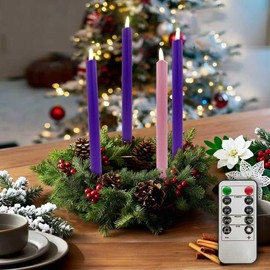 SUNGEGE Flameless Advent Candles Set of 4 – Traditional Purple & Pink LED Taper Candles with Remote Control & Timer, Battery Operated for Safe Christmas Countdown and Wreath Decor
