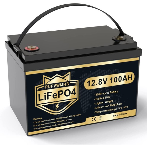 PUPVWMHB 12V 100Ah LiFePO4 Battery, 100% DOD 12V Lithium Batteries with 100A BMS, 5000+ times , Perfect for RV, Camping, Solar Panel System, Off Grid, Marine, Trolling Motor
