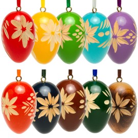 Sikora OD01 Set of 10 Wooden Decorative Easter Eggs with Carved Ornaments, Mixed Colours, Available in 2 Sizes