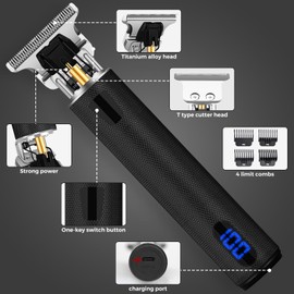 Professional Hair Trimmer for Men, Beard Trimmer Hair Clippers for Men, Cordless Rechargeable Hair Trimmer Metal Body Cutting Grooming Kit,Beard Shaver Barbershop (Black with LCD)