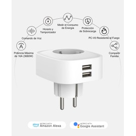 GHome Smart Intelligente WLAN-Steckdose mit USB, 16 A, Alexa Steckdose mit Alexa und Google Home, Energieüberwachung und Timer mit App-Steuerung, 2 Stück