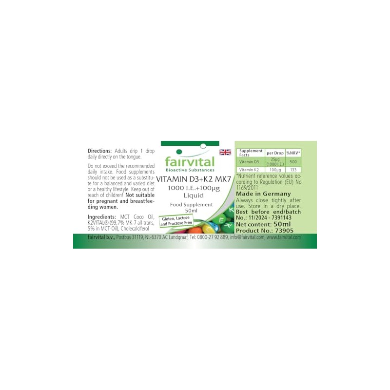 Fairvital Vitamin D3+K2 Drops - 50 ml - All-Trans MK7