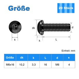 Pack of 20 M6 x 16 mm Rounded Head Screws Hexagon Socket Button Head Screws Stainless Steel A2 Screws Black with Allen Key