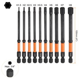 sourcing map 10pcs H1.5/2/2.5/3/3.5/4/5/6/7/8 Hex Head Drill Bit Wrench Kit Metric Flat Tip 1/4" Hex Shank 100mm (4") Magnetic Hexagonal Screw Driver Socket Industrial Screwdriver Power Bits