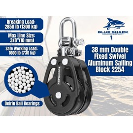 Blue Shark 2254-38 mm Fixed Double Aluminum Sailing Block - Max Line: 3/8” (10 mm), Safe Working Load (SWL): 1600 lbs, Breaking Load: 2850 lbs (1-Pack)