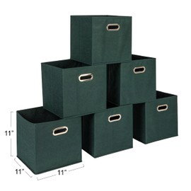Household Essentials Fabric Storage Cube Bins, 6 Piece Set, Strong Poly-Woven Fabric, Chipboard Sides, Grommet Front Handle, Stackable and Foldable, Classic Design, Dark Green