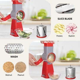 SUREWIN Rotary Cheese Grater with 4 Stainless Blades - Hand Crank for Parmesan, Hard Cheese, Nuts - Slip-Resistant Suction Base, Easy to Clean & Store（Red）