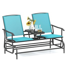 Tangkula 2 Person Swing Glider Chair, Patio Rocking Loveseat w/Center Tempered Glass Table, Outdoor Swing Bench w/Steel Frame & Breathable Mesh Fabric for Porch, Balcony, Poolside (Turquoise)