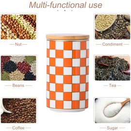 XYQXYQ Kitchen countertop ceramic grid pattern airtight jar set - a set of 3 kitchen jars with layered shelves, sealed countertop flour and sugar containers, coffee and tea storage (Orange)