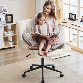 Furnimart Criss Cross Desk Char Wide Seat with Wheels, 360° Swivel Cross Legged Desk Chair Thick Cushion, Faxu Fur Comfy Armless Home Office Chair for Bedroom, Vanity, Sturdy (White)