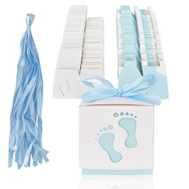 50 Pcs Candy Favour Gift Boxes, Baby Shower Favour Boxes, Baby Footprints Candy Boxes, Paper Candy Gift Box with Ribbon, Hollow Candy Box for Birthday Party Christening Baptism Newborn (Blue)