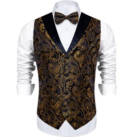 DiBanGu Black Gold Formal Vest for Men Paisley Vest Set with Bow Tie Lapel Pin Pocket Square Cufflinks Silk Waistcoat Wedding Prom L