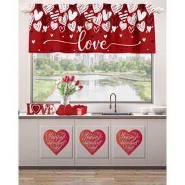 YOKOU Valentine's Day Curtain Valance, Red Short Rod Pocket Window Treatment for Living Room, Bedroom, Kitchen, Bathroom, 1 Panel, 54" X 18" Black Love Heart Hand-Drawn