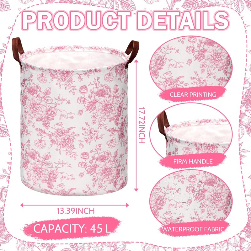CroBlissful 2 Pcs Pink Floral Laundry Basket Coquette Storage Basket