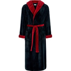 Alexander Del Rossa Mens Robe, Plush Fleece Hooded Bathrobe Men, Men's Bathrobes, Big and Tall Bath Robe for Men Black with Burgundy Contrast 2XL (A0125BKB2X)