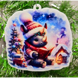 Rhinoceros Ornament - Baby Rhino Reading Book Lover Winter Themed Christmas Ornament