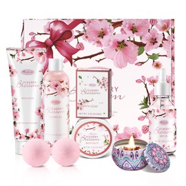Bath and Body Gift Set for Women - Luxurious Home Spa Gift Set, Japanese Cherry Blossom Scented 7-Piece Set Including Shower Gel, Body Lotion, Bath Oil, Bath Salt, Soap, Bath Bombs, and Candle