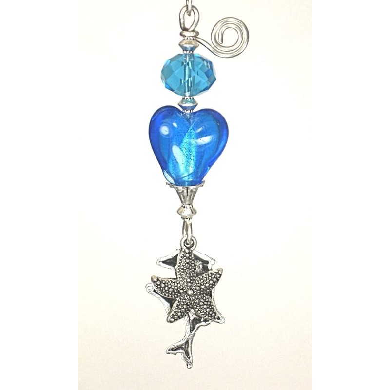 Silvery Dolphins and Starfish Blue Heart Glass Ceiling Fan Pull