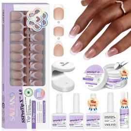 SAVILAND PRESS ON NAIL KIT - All-in-One SSProTip X™ Super Durable Press-On Nail French Tip: Mixed Style French Tip Press On Ultra Fit & Natural Look Almond Short Square Soft Gel X Tip Fake Nail Solid