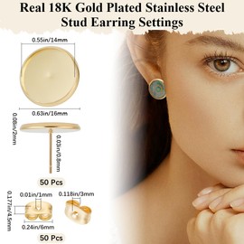 Beebeecraft 1 Box 50Pcs 16mm Cabochon Earring Blanks 18K Gold Plated Stainless Steel Stud Earrings Findings Round Tray Bezel Cup Earring Settings Posts and Back for Jewelry Making Kit Resin Craft