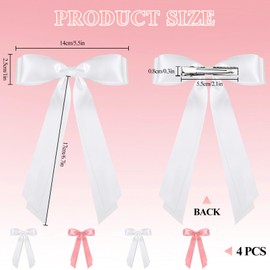 vivinin 4pcs Solid Silky Satin Hair Accessories: Bows with Long Tails, Daily Wear Clips for Women and Girls, White and Black Gifts