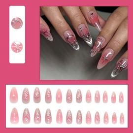 LINMEIZAI 24Pcs Press on Nails Short Almond Fake Nails Press ons Nail Tips Glue on Nails Full Cover Acrylic Nail Kit Supplies False Nails Stickers Nail Art with Pearl Heart Design for Women Manicure