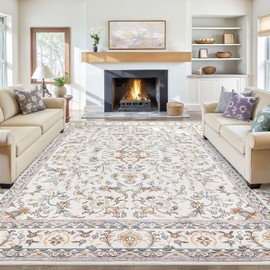 Tortania Area Rug Living Room Rugs: 9x12 Washable Vintage Floral Oriental Farmhouse Large Thin Indoor Carpet for Bedroom Under Dining Table Home Office - Beige/Ivory