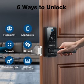 Smart Door Lock 6-in-1 Front Door Lock with Keypad Black Door Lock Biometric Fingerprint Door Lock with Handle, Bluetooth, App Electronic Door Locks for Front Door, Home