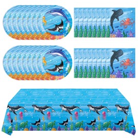 WERNNSAI Under the Sea Party Supplies - 48PCS Ocean Birthday Party Plates Napkins Tablecloth for Kids Boys Sea Animal Party Supplies Tableware Underwater Party Decorations Serves 16 Guests