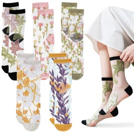 5 Pairs Sheer Socks Women - Lace Trouser Mesh Socks, Summer Ultrathin Crystal Glass Socks, Sheer Ankle Socks, Transparent Fishnet Ankle High Mid Calf Socks for Girls Womens